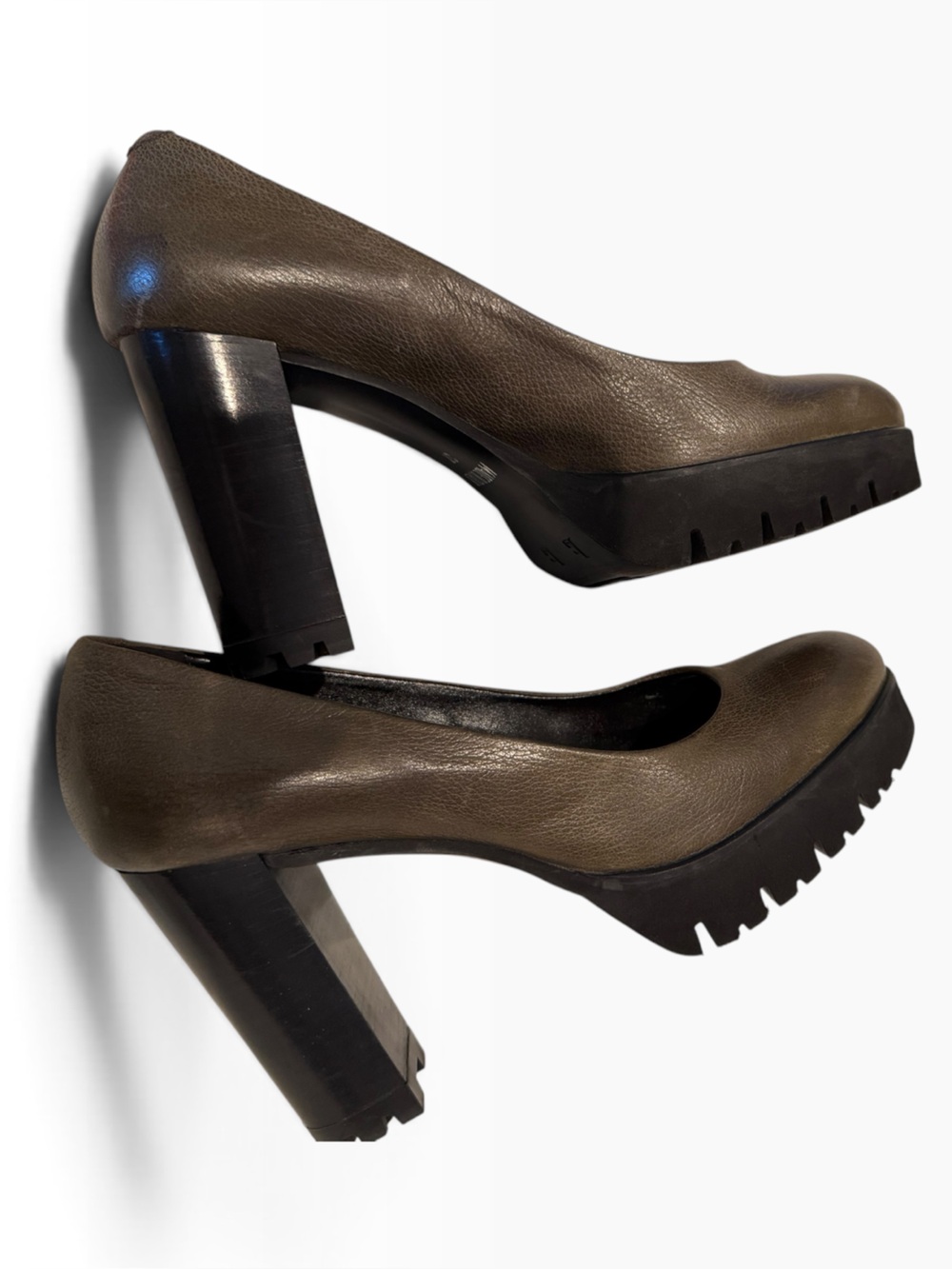 Beautiful Italian Platform Pump in Olive with Treaded Soles.